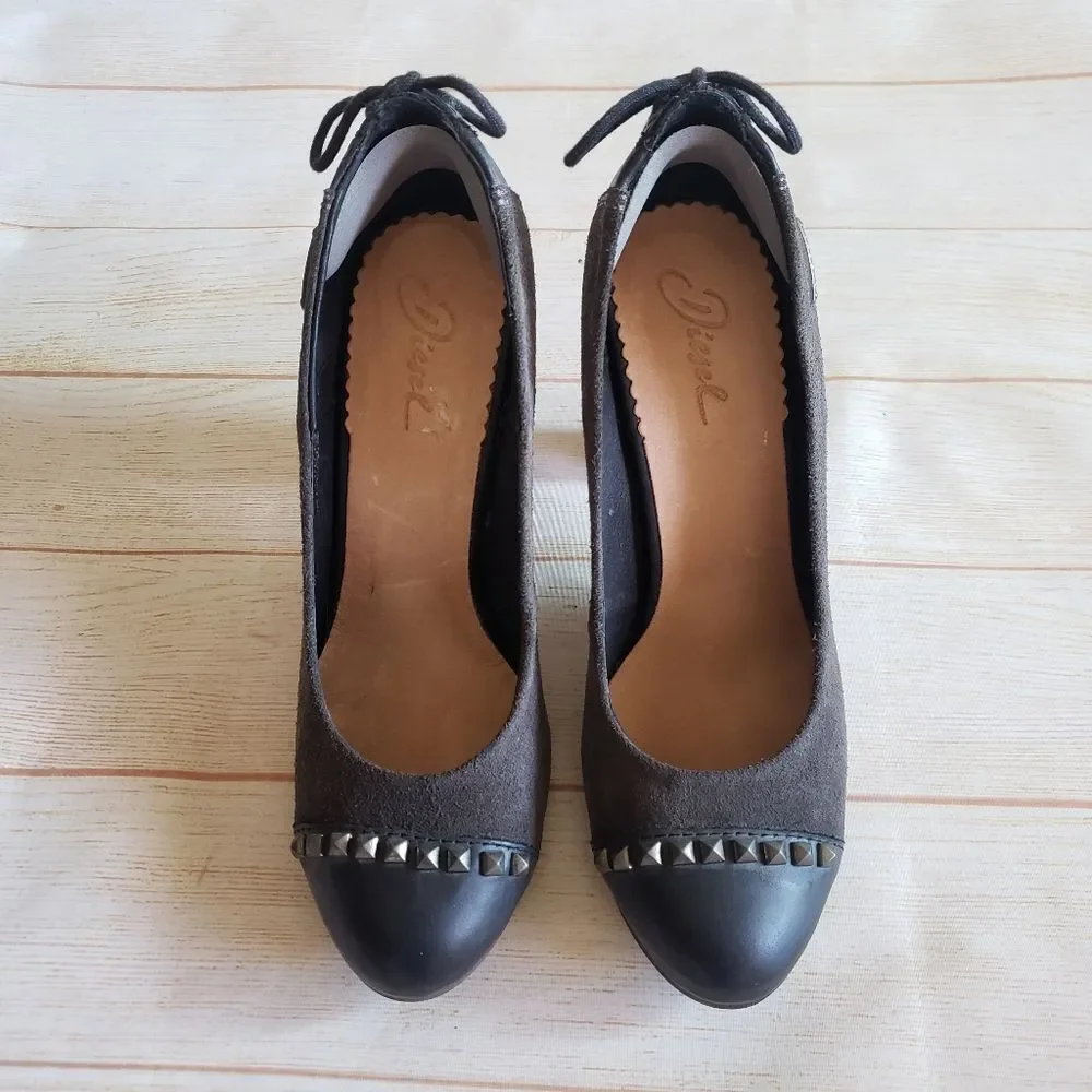 Diesel Leather Suede Round Toe Studded Tassel Heel Pumps Shoes Brown Size 39